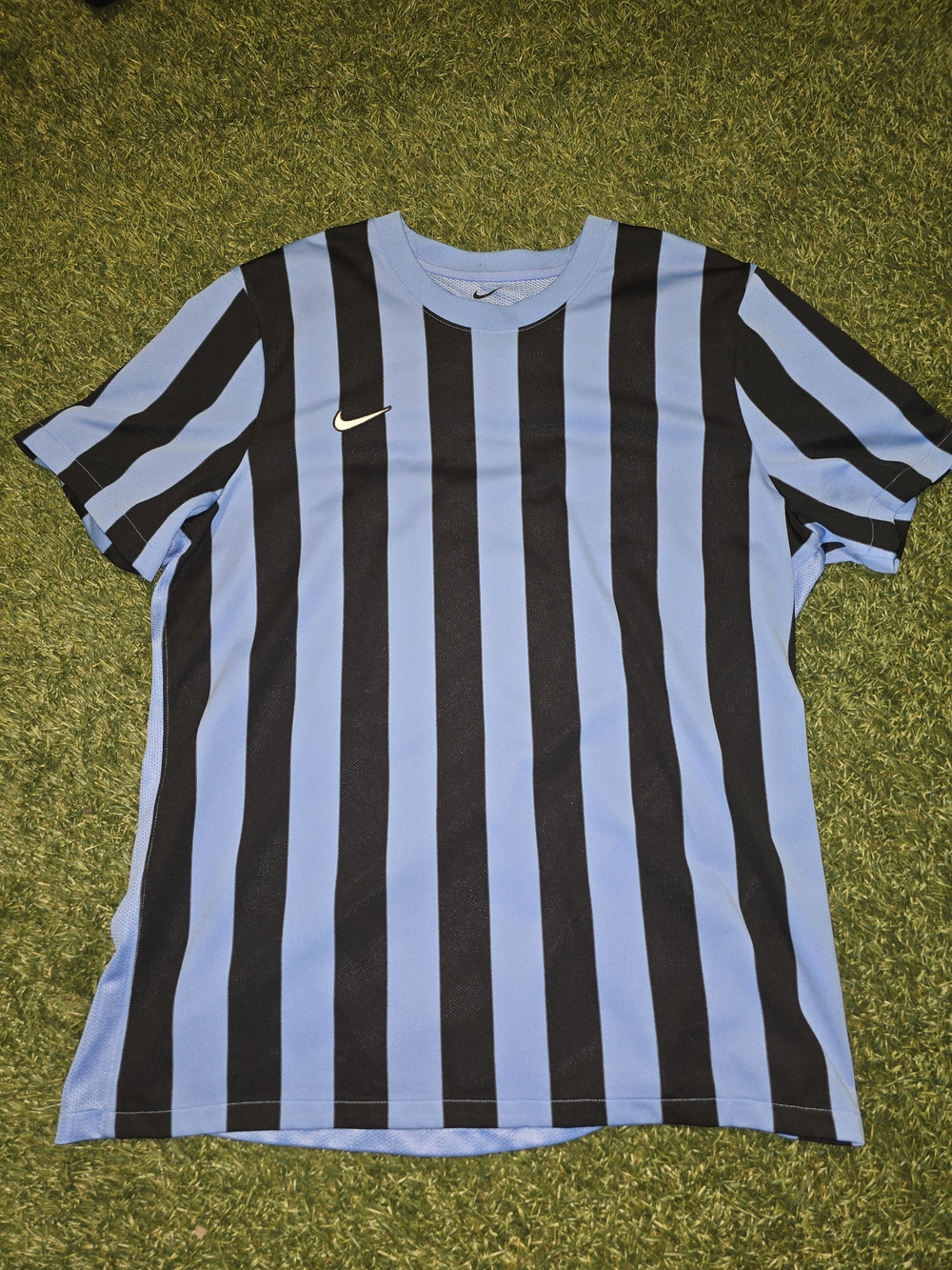 Nike Black and Light Blue Striped Soccer Jersey